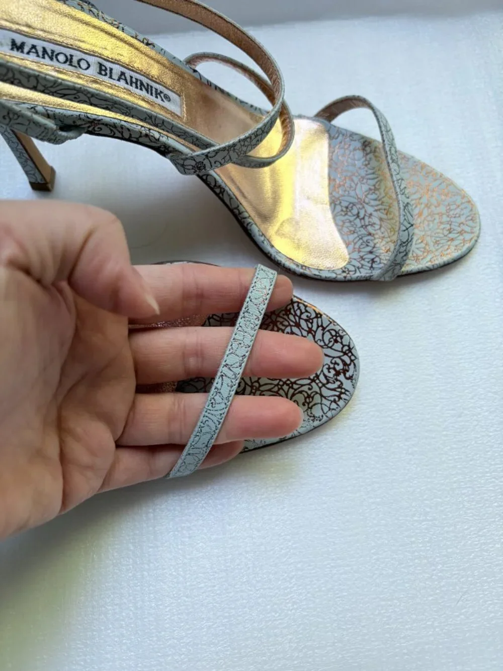 Manolo Blahnik Blue Gold Filigree Leather Strappy Heels EU 36